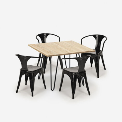 table 80x80 design industriel + 4 chaises style bar cuisine bar reims light - Noir