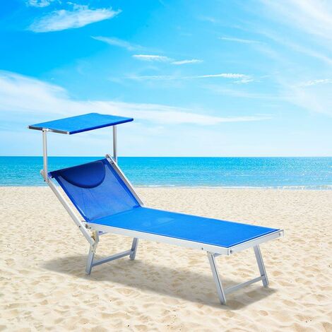2 Bain de soleil professionnels transat aluminium lits de plage Italia  Couleur: Bleu