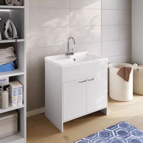Meuble Avec Lavabo En PVC Blanc 90x65x39cm - Mobile, Pour Extérieur Ou Endroits Humides, Cuve En Résine Résistante Aux Acides - 5