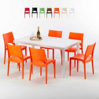 Table rectangulaire et 6 chaises Poly rotin colorées Table rectangulaire et 6 chaises Poly rotin colorées