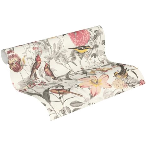 Carta Da Parati Uccelli E Fiori Sfondo Strutturato Effetto Fibra Vegetale Beige - Nora Garden 681989 De Gaulan Rotolo Di 10 M X 0 52 M 87032954