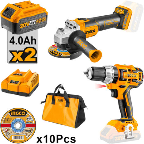 SET Brushless INGCO - Trapano e Smerigliatrice 20V, 2 Batterie 4.0Ah, Caricatore (1/8)