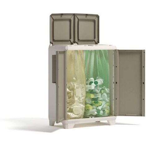 Keter Split Cabinet Recycling Premium Wood Contenitore con coperchio per la Raccolta Differenziata, Pattumiera in plastica, Beige, 68x39x92 cm