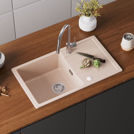 CECIPA Evier 1 bac avec égouttoir 78x45cm - Evier de Cuisine Deux directions d'installation Evier de Cuisine en Quartz et résine Couleur Avoine