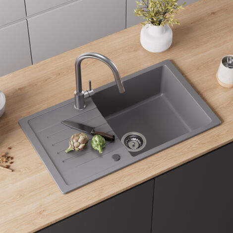 CECIPA Gris Evier 1 bac avec égouttoir 78x45cm - Evier de Cuisine Deux directions d'installation Evier de Cuisine en Quartz et résine