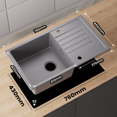 CECIPA Gris Evier 1 bac avec égouttoir 78x45cm - Evier de Cuisine Deux directions d'installation Evier de Cuisine en Quartz et résine