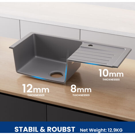 CECIPA Gris Evier 1 bac avec égouttoir 78x45cm - Evier de Cuisine Deux directions d'installation Evier de Cuisine en Quartz et résine