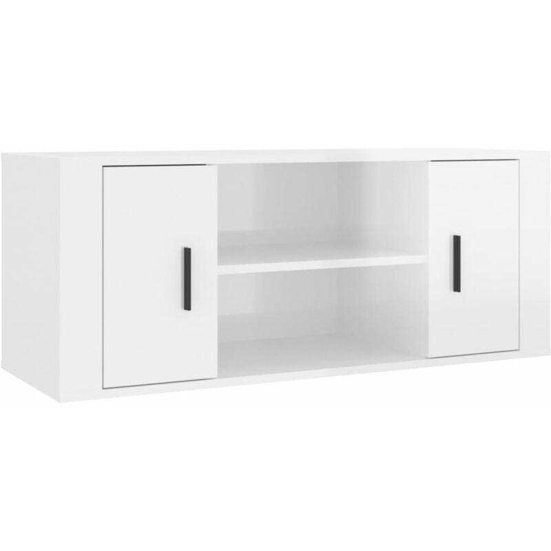 Mobile Porta TV，Mobili TV，Supporto per TV da Soggiorno Bianco Lucido  100x34,5x44,5cm Legno Multistrato NVIW51686 BonneVie