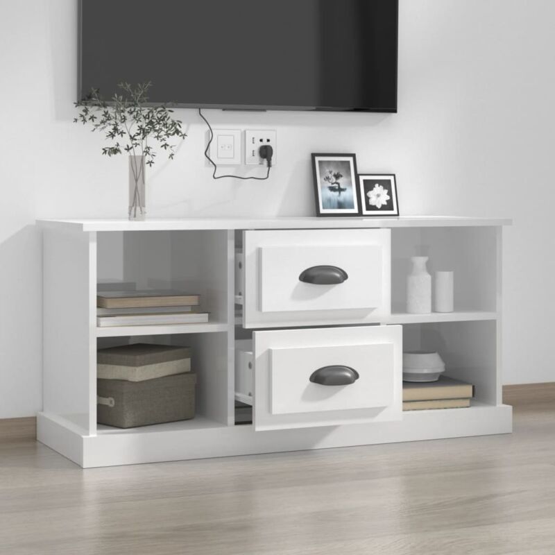 Mobile Porta TV，Mobili TV，Supporto per TV da Soggiorno Bianco Lucido  99,5x35,5x48 cm Legno Multistrato NVIW60155 BonneVie