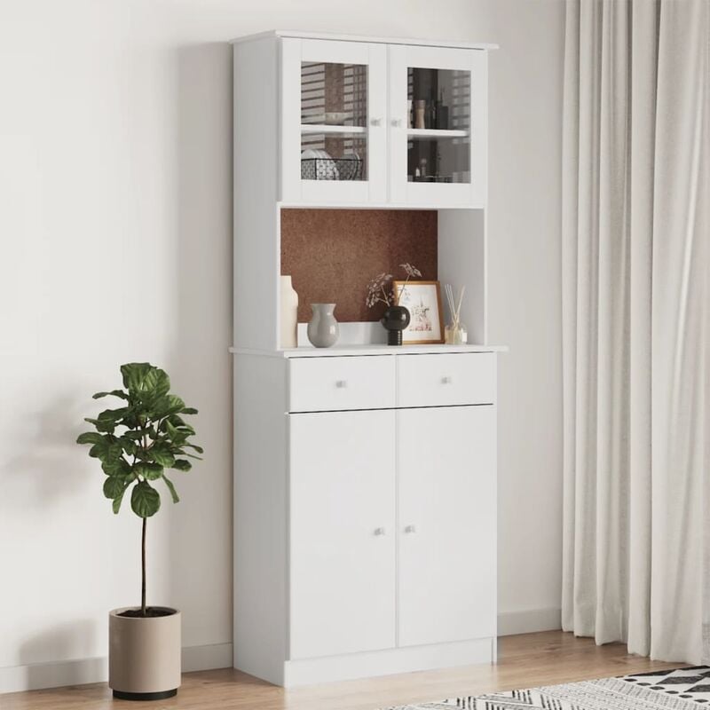 Credenza Moderna，Madia da cucina，Mobile Buffet，Armadio da Cucina Moderna  ALTA Bianca 77x35x188 cm in Legno Massello di Pino VMOE69363 BonneVie