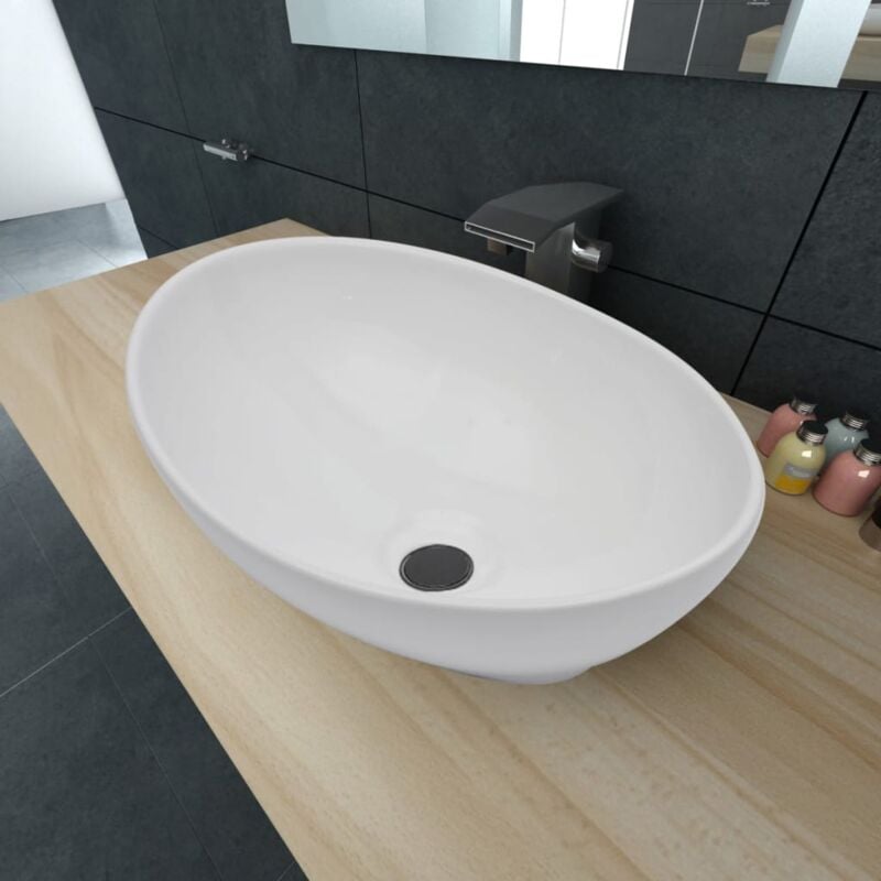 Lavabo da appoggio ovale in ceramica bianco lucido serie DRV cm 50,5x40 con  foro rubinetto