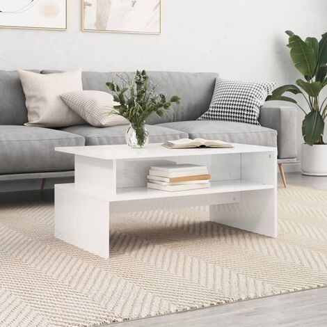 Tavolino Da Salotto Moderno 40x40x30 Cm – Bianco Lucido, In Legno Multistrato, Con Ripiano, Per Soggiorno E Ufficio