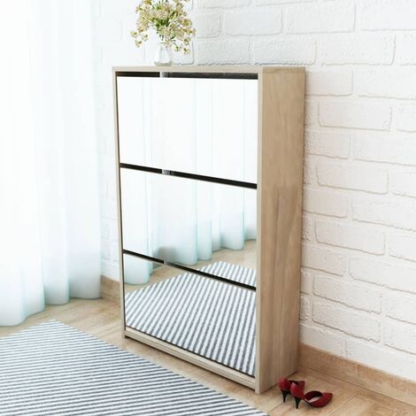 Scarpiera Salvaspazio,Portascarpe,Mobili per scarpe a 3 Strati con Specchio Rovere 63x17x102,5 cm MCI594599 BonneVie