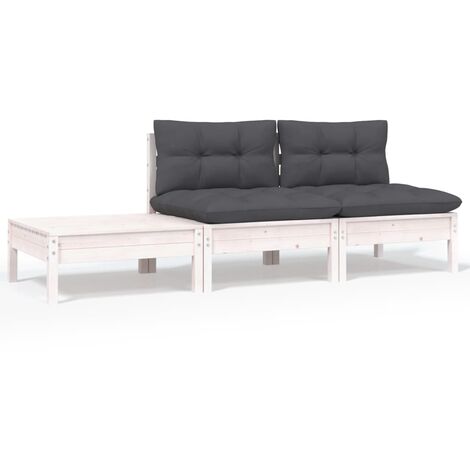 3 pz Set Divani da Giardino，Salotti da Giardino，Set Mobili da Giardino con Cuscini Massello Pino Bianco BMEIM122203 BonneVie (1/5)
