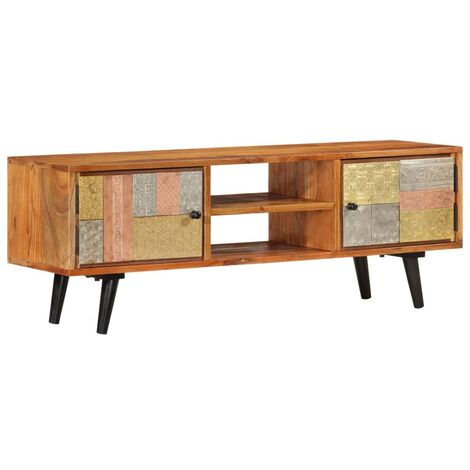Mobile TV Retrò Con 4 Cassetti In Tessuto, Struttura In Metallo E Legno, 108x30x78 Cm, Colore Pelle Di Tigre E Nero
