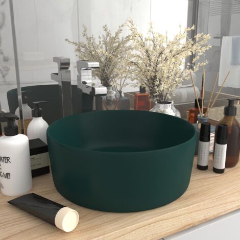Lavabo Bagno，Lavandino Bagno，Lavabo da Appoggio Lusso Rotondo Verde Scuro Opaco 40x15 cm in Ceramica CFW65577 (1/5)