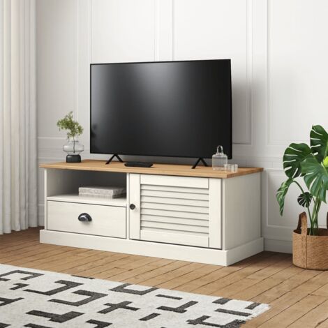 Mobile Porta TV,Mobili TV,Tavolino TV VIGO Bianco 106x40x40 cm Legno Massello di Pino MCWN310158 BonneVie (1/5)