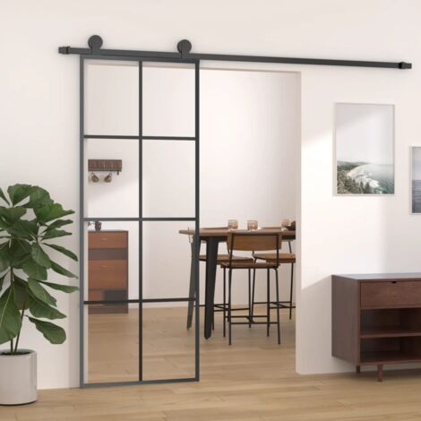 Porta Scorrevole，Porta a scorrimento，Porta singola Nera 76x205 cm in Vetro ESG e Alluminio XZZ272365 BonneVie