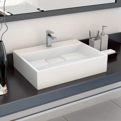 Lavabo Bagno - Lavandino da appoggio 50x38x13 cm Blocco in Marmo/Minerale Bianco HWQ81393 BonneVie (1/5)