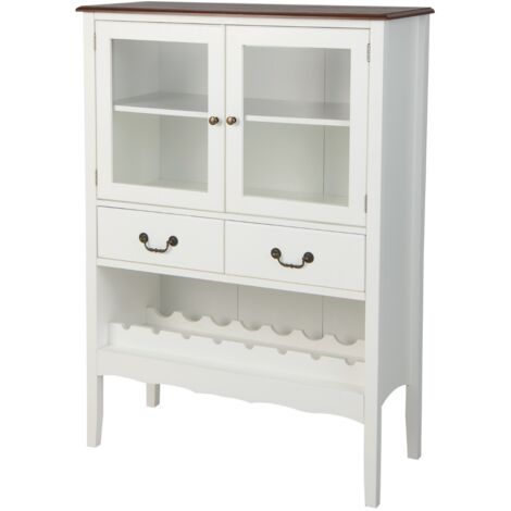 Credenza  Mobile contenitore indipendente con 2 porte in vetro 2 cassetti, Stazione bar ad angolo per sala da pranzo Bianco