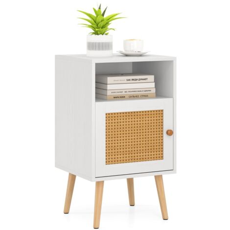 Comodino con mensola aperta e porta in rattan Tavolino in stile country Bianco (1/5)