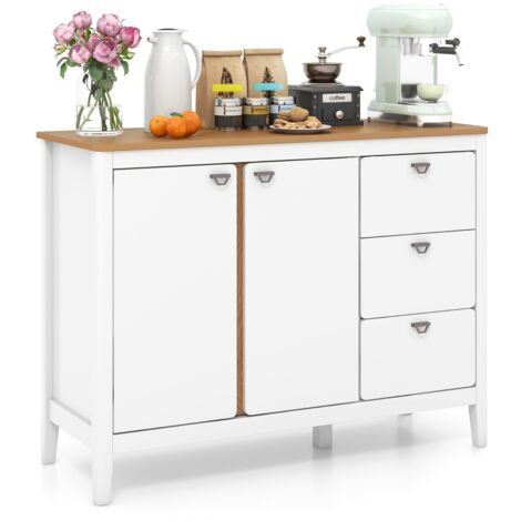 Credenza buffet con 2 porte e 3 cassetti estraibili, Mobile da cucina in legno con kit anti-ribaltamento Naturale Bianco
