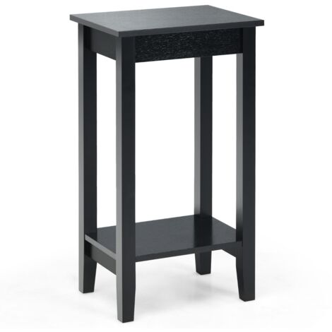 Tavolino da salotto con 2 livelli e 4 gambe in solido legno, Tavolino di servizio stretto e compatto Nero (1/5)