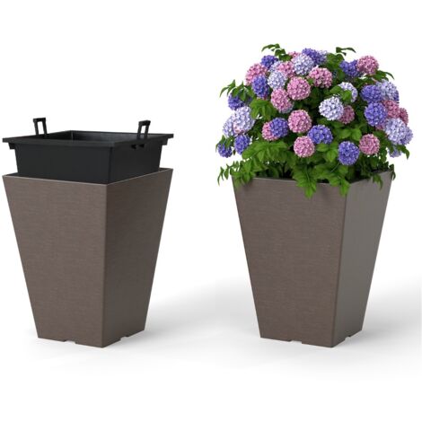 Vasi da fiori auto-irriganti da 35 cm con secchio interno rimovibile e fori di drenaggio Set di 2 vasi quadrati ed esterno per casa Marrone