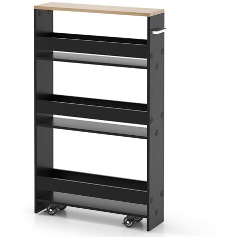 Carrello portaoggetti da cucina con maniglia e ruote Scaffale mobile salvaspazio con scaffali stretti Nero