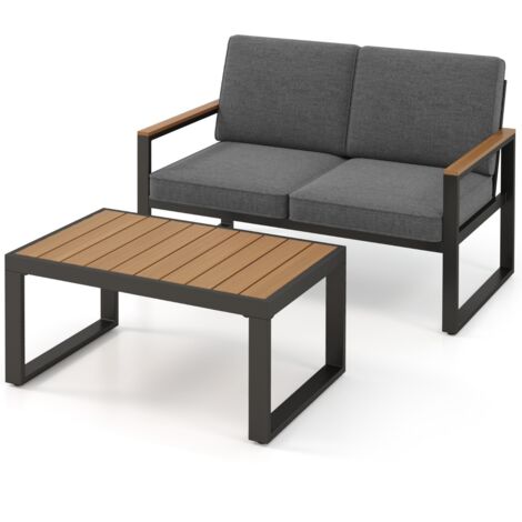 Set giardino alluminio 2 pezzi esterno conversazione braccioli piano legno-plastica (1/5)