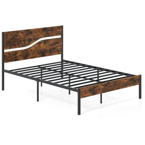 Letto piattaforma industriale con testiera e pediera in legno, Letto in metallo struttura letto per materasso 200 x 140 cm Marrone (1/5)