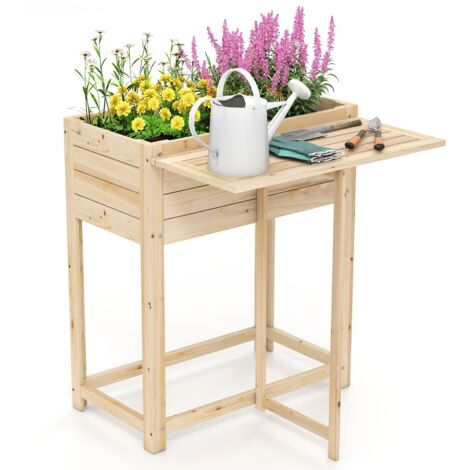 Letto da giardino rialzato in legno con gambe e tavolino laterale pieghevole, Fioriera elevata per fiori e verdure Naturale (1/5)