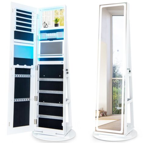 Mobile portagioie con specchio a LED regolabile, Armadio organizer portagioie con mensola pieghevole per trucco Bianco