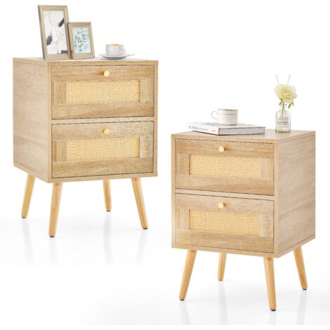 Set di 2 comodini in rattan con 2 cassetti gambe in legno massello, 2 Tavolini comodini Boho Naturale