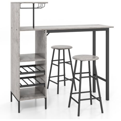 Set di tavolo sedie da bar con porta calici 6 portabottiglie da vino, Tavolo sgabelli da pub industriale Grigio (1/5)