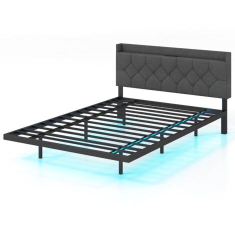 Letto galleggiante con luci LED testiera imbottita regolabile e stazione di ricarica, Base per materasso Grigio 208x144x87cm (1/5)