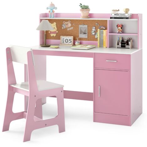 Set scrivania e sedia per studenti con mensole e cassetto, Tavolo e sedia per camera da letto e asilo nido Rosa (1/5)