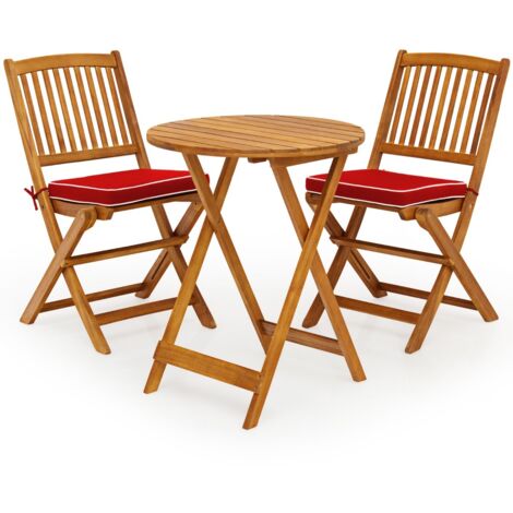 Set 3 pezzi pieghevoli legno acacia esterno sedie tavolo cuscino imbottito rosso (1/5)