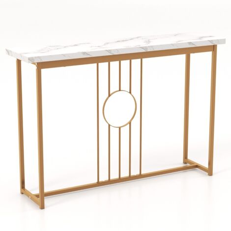 Tavolo console da 120cm con piano effetto marmo e struttura in metallo, Tavolo moderno con cornice dorata Bianco (1/5)
