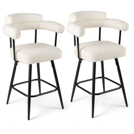 Sedie moderne imbottite in boucle con gambe in metallo e poggiapiedi per isola cucina, Set di 2 sgabelli da bar girevoli Bianco