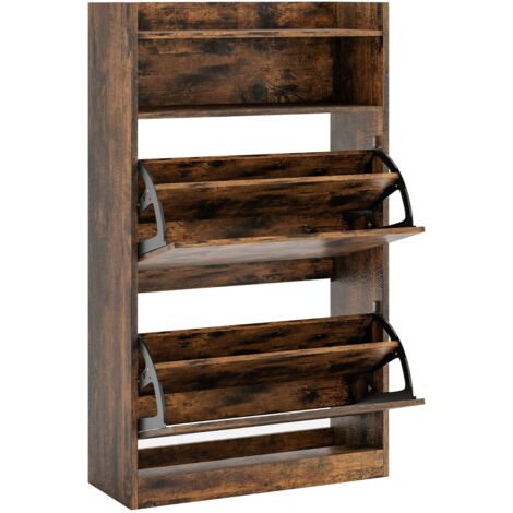 Scarpiera Sottile Salvaspazio Con 2 Cassetti Ribaltabili E Ripiano Aperto, Design Moderno Nero Con Gambe In Legno, Dimensioni 80x24x110 Cm