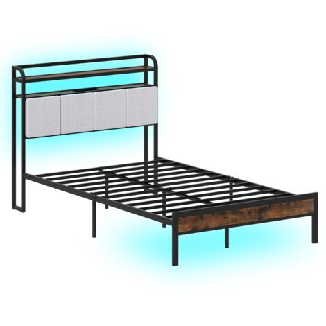 Struttura letto king size con luci LED e stazione di ricarica, Letto metallico piattaforma con testiera rivestita in lino (1/5)