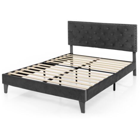 Letto a piattaforma imbottito con testiera bottoni doghe in legno, Struttura letto moderno Grigio 207,5x200x105,5/114cm (1/5)