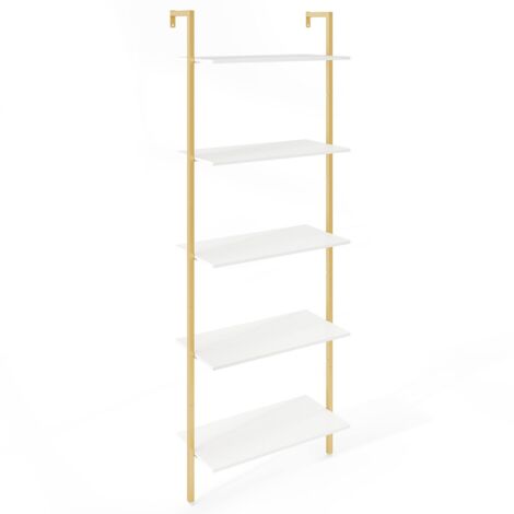 Scaffale scala 5 ripiani esposizione libreria parete struttura metallo piedini regolabili Bianco Oro (1/5)