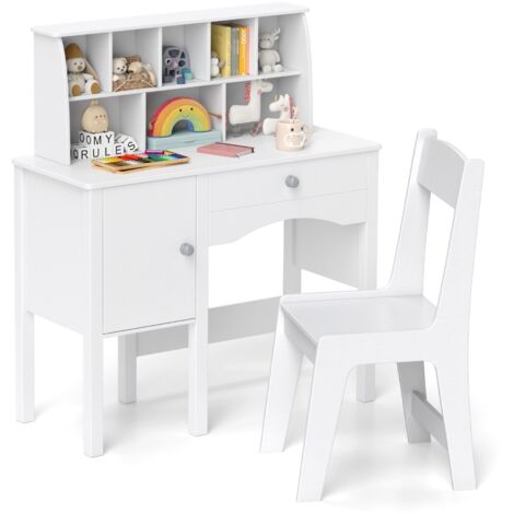 Set scrivania e sedia per bambini per studente con postazione per computer per camera da letto, Tavolo per lavoro in legno con sedia Bianco (1/5)