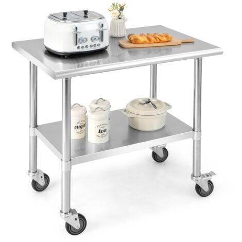 Tavolino da lavoro in acciaio regolabile a 2 ripiani da cucina Carrello in metallo per officina 91,5x61x89,5cm Argento (1/5)
