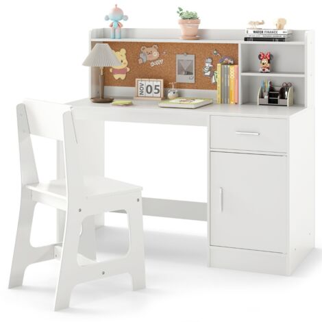 Set scrivania e sedia per studenti con mensole e cassetto, Tavolo e sedia per camera da letto e asilo nido Bianco (1/5)