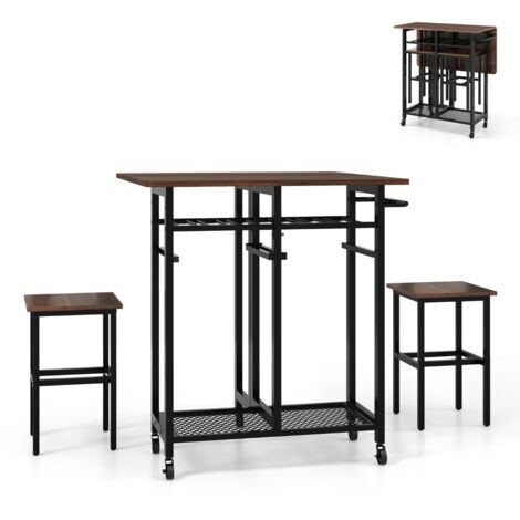 Set tavolo da pranzo 3 pezzi con ruote e portabottiglie da 6 posti, Tavolo da cucina estendibile con 2 sgabelli Marrone (1/5)