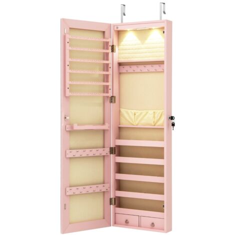 Armadio portagioie con specchio in legno a parete con LED interno 35,5x10x120cm Rosa (1/5)