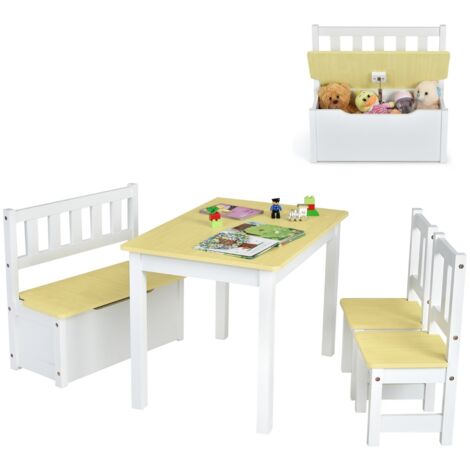 Set tavolo attività di legno 2 in 1 con 2 sedie e 1 panca, Set 4 pezzi tavolo e sedie per bambini Naturale